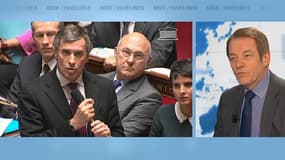 Jérôme Cahuzac, alors ministre du Budget, à l'Assemblée nationale (g.) et Dominique Lefebvre sur le plateau de BFMTV jeudi (d.)
