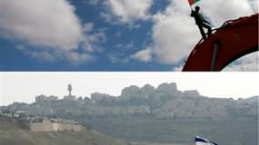 Les drapeaux palestinien (en haut) et israélien. La reprise, le 2 septembre à Washington, du dialogue direct avec Israël n'inspire aucun espoir aux Palestiniens, pour qui la perspective d'un Etat indépendant n'est rien d'autre qu'un rêve. /Photos d'archiv