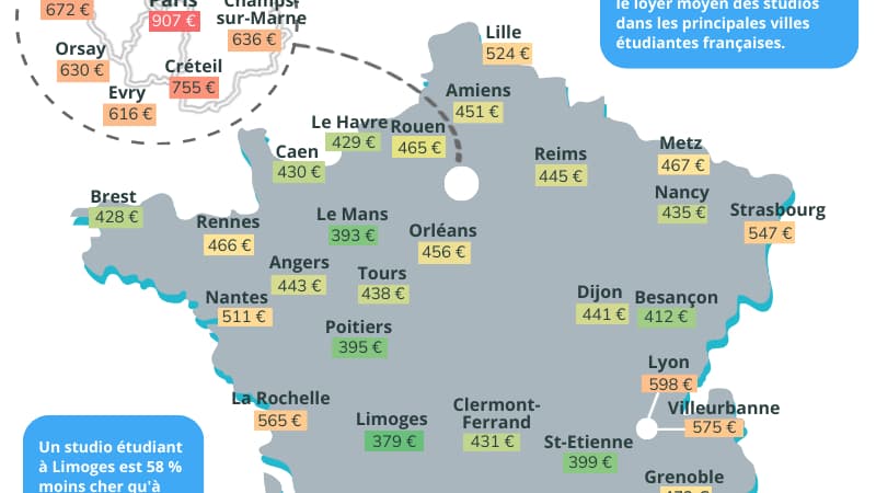 Carte du loyer moyen d'un studio dans les villes étudiantes en France, selon les données de locservice.fr. 