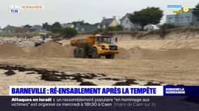 Manche: ré-ensablement de la plage de Barneville-Carteret après la tempête Patricia