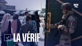 Photo fournie par l'Etat-major français des Armées le 24 août 2021 montrant un soldat français surveillant l'évacuation d'Afghans à l'aéroport de Kaboul