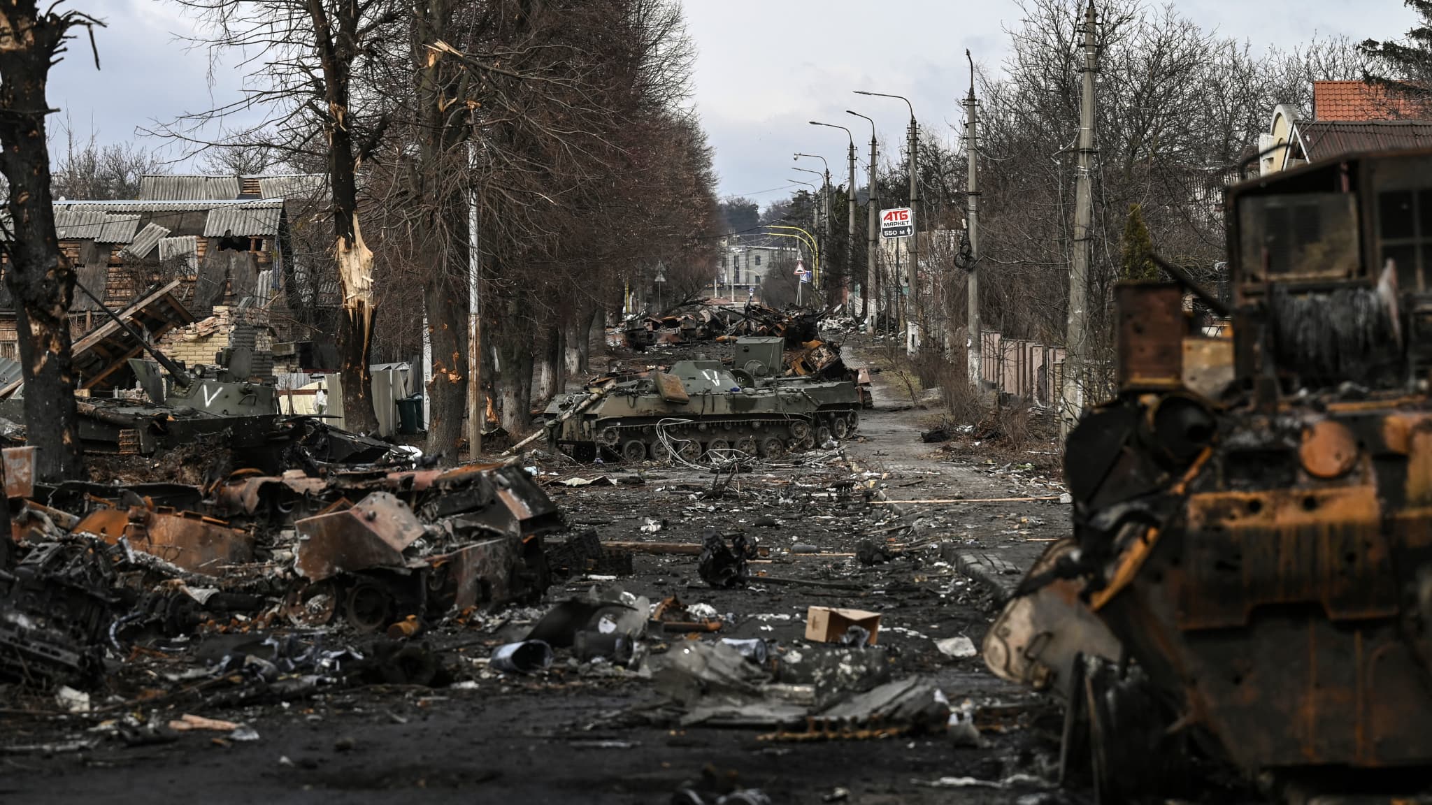 at least twenty corpses on a street in Boutcha, a town near Kiev that has just been liberated