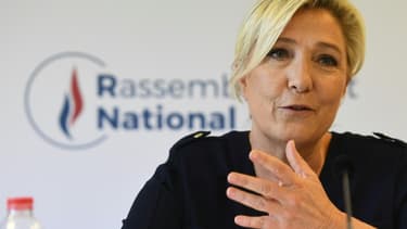 Marine Le Pen pendant une conférence de presser au siège du Rassemblement national à Nanterre, le 28 juillet 2020