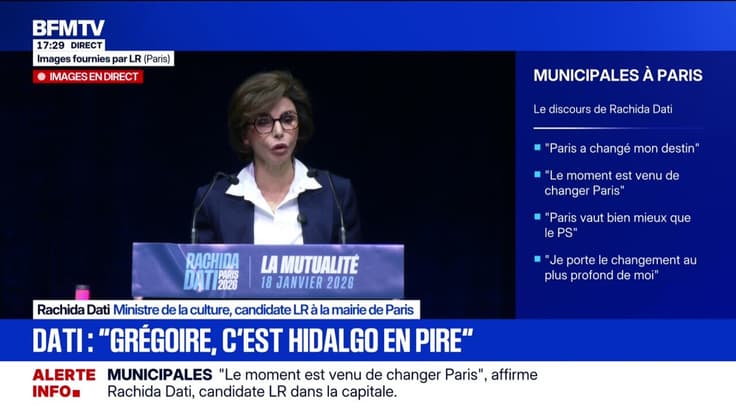 Élection municipale: "Emmanuel Grégoire, c'est Anne Hidalgo en pire", déclare Rachida Dati, ministre de la Culture et candidate LR à la mairie de Paris