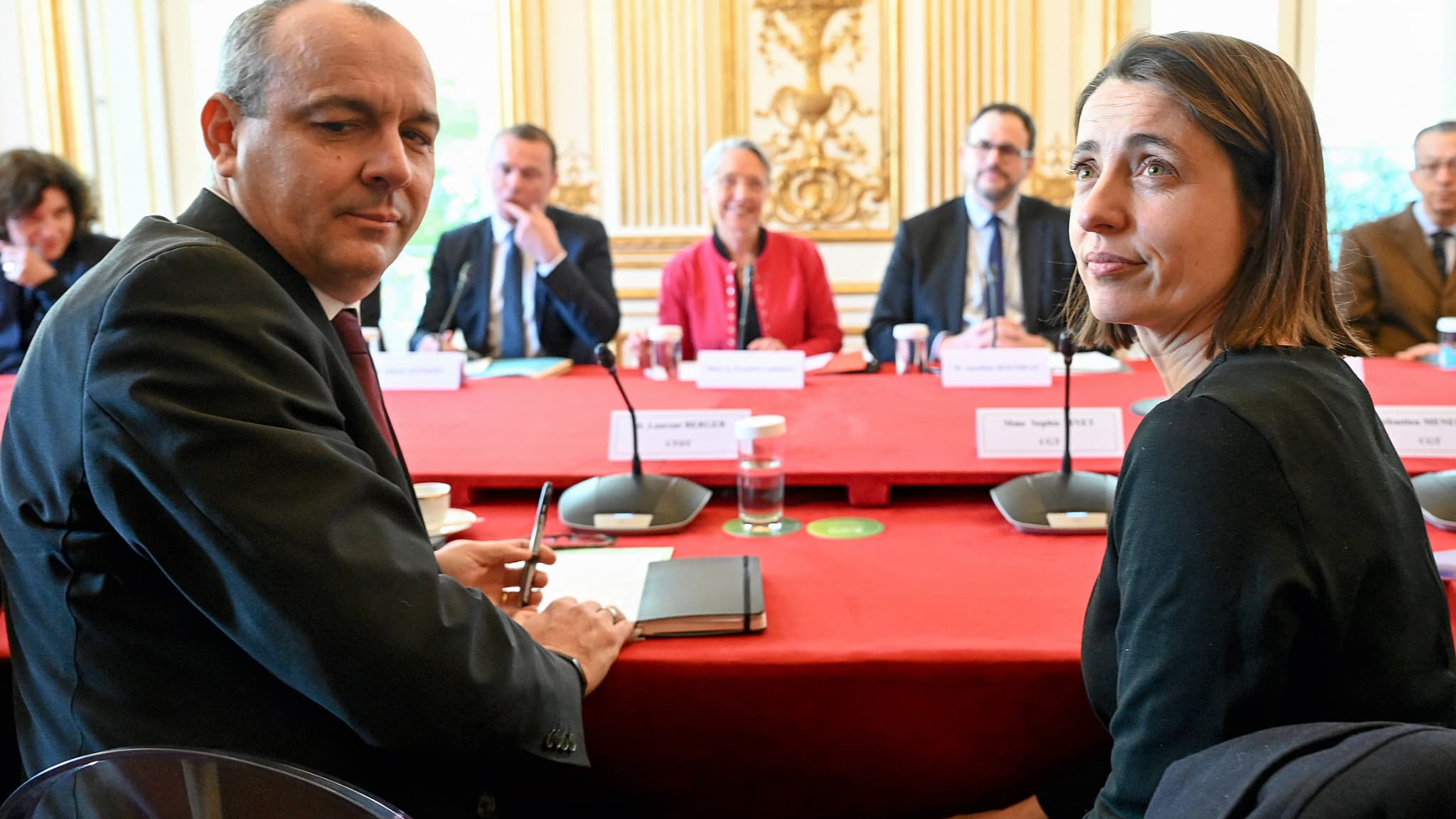 "L'opposition" en France ... Laurent-Berger-et-Sophie-Binet-a-Matignon-avec-Elisabeth-Borne-1612909