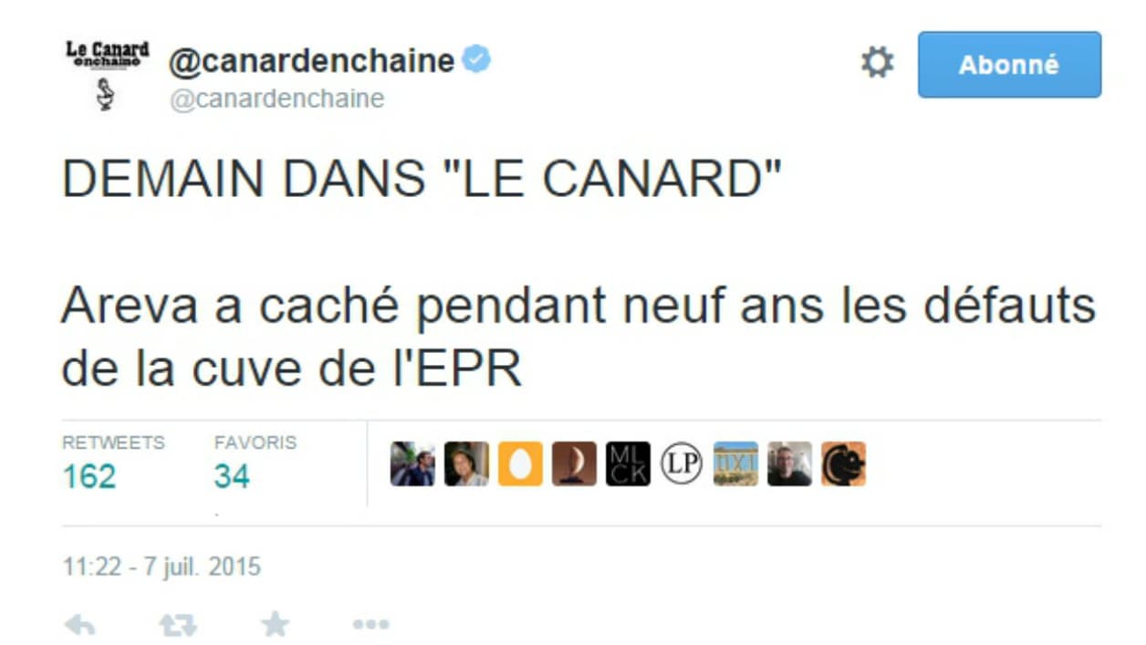 Le tweet du Canard Enchaîné qui annonçait hier les révélations sur Areva