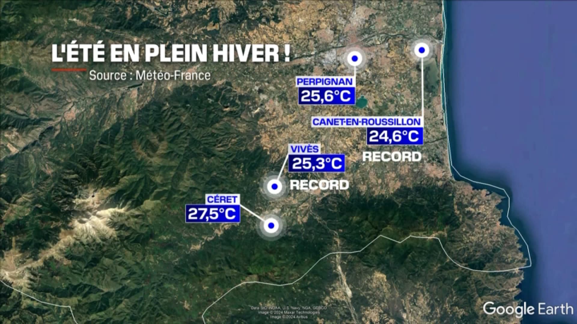 Les températures relevées dans le département des Pyrénées-Orientales le dimanche 4 février 2024 