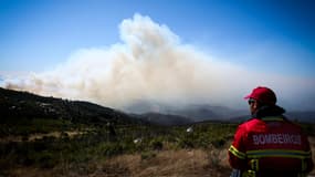 Un pompier regarde le nuage de fumée s'élevant dans la région de Monchique, au sud du Portugal, le 8 août. 