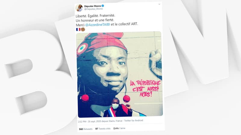 Danièle Obono devant la fresque la représentant à Stains, samedi 26 septembre.