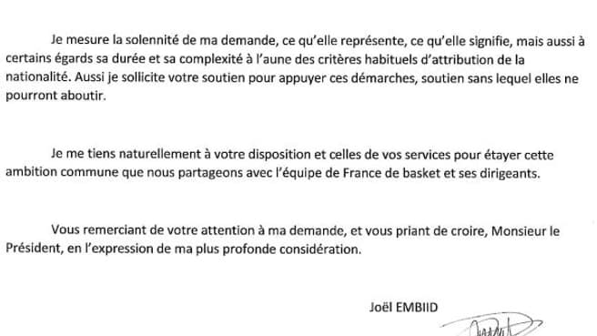 La lettre de Joël Embiid à Emmanuel Macron pour obtenir la nationalité française (partie 2)