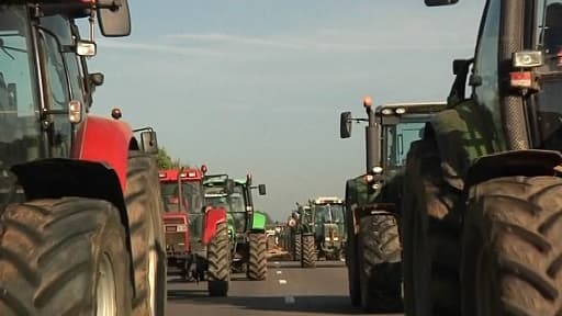 Des agriculteurs de la FDSEA ont manifesté samedi devant le portique de Pont-de-Buis, dans le Finistère.