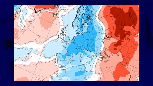 Anomalie des températures à 2 mètres sur la semaine du 22 au 28 avril 2024 prévue par le modèle CEP, carte publiée par Météo France