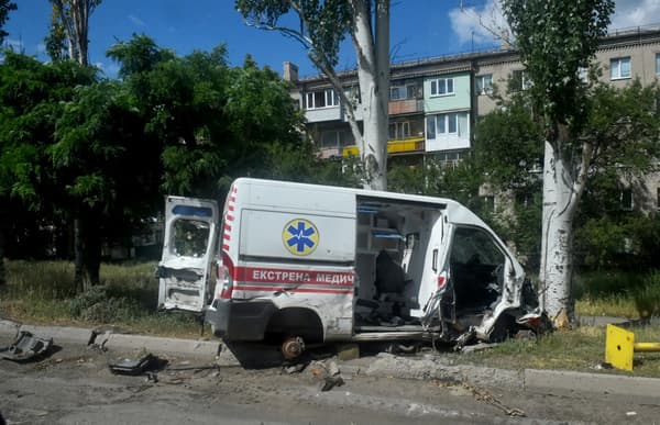 A destroyed ambulance in the city of Lysisansk is pictured on July 12, 2022, amid a Russian military operation in Ukraine.