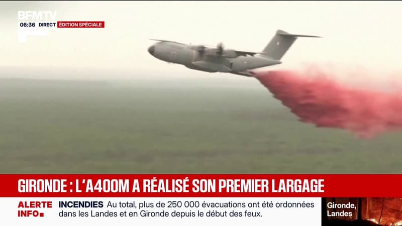 Incendie en Gironde: l'avion militaire A400M a réalisé son premier largage de retardant