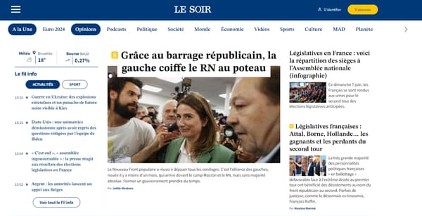 La Une du site d'actualité belge Le Soir le 8 juillet 2024.