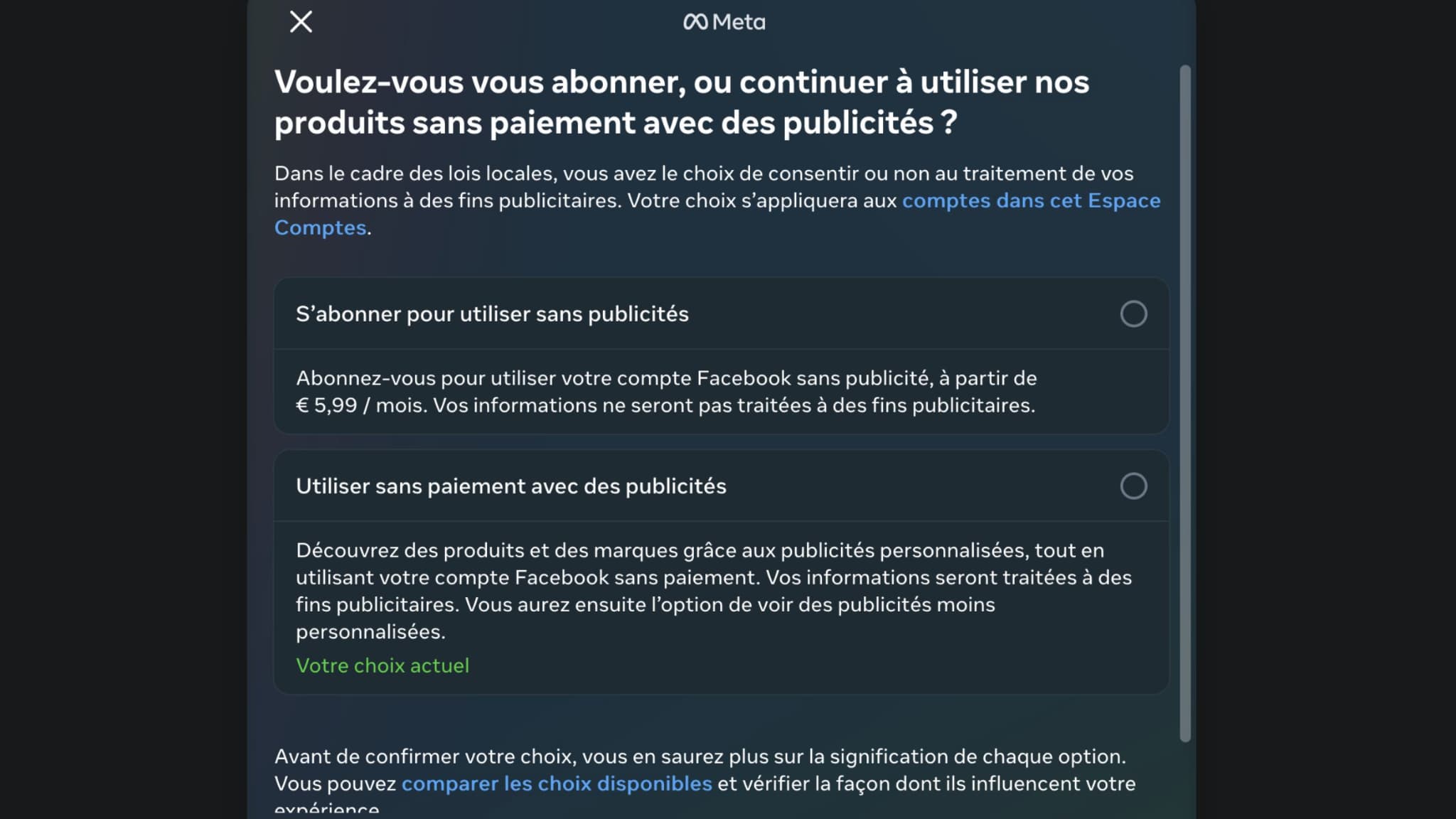 Fenêtre qui s'affiche sur Facebook pour choisir entre un abonnement payant et des publicités ciblées