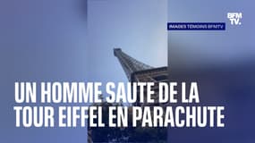 Un homme saute de la tour Eiffel en parachute  
