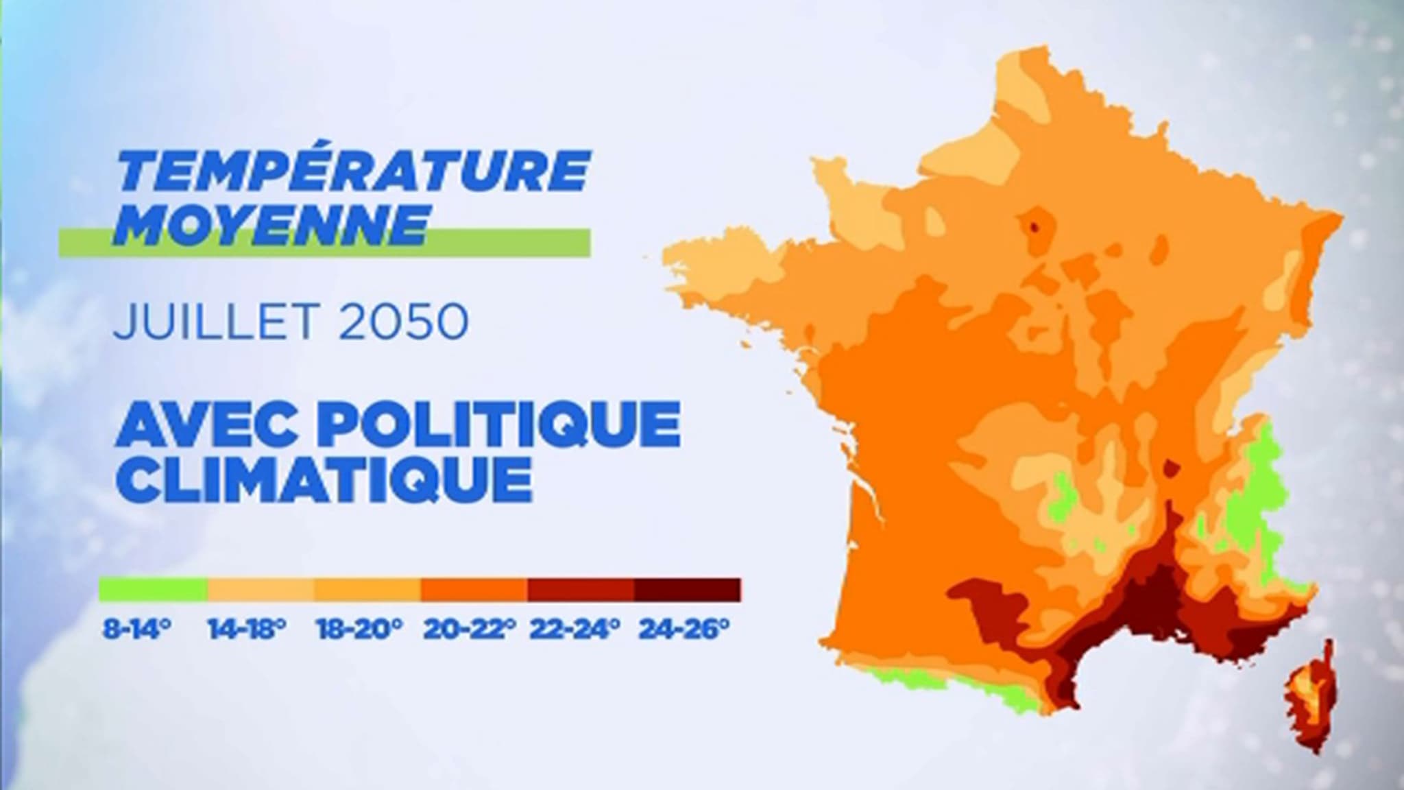 La température moyenne attendue en France en 2050, avec ou sans politique climatique. La température moyenne attendue en France en 2050, avec ou sans politique climatique.