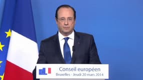 François Hollande lors d'un point presse en marge du sommet européen qui se tient à Bruxelles les 20 et 21 mars 2014.