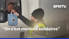 Des gendarmes distribuent des repas à des routiers bloqués sur l'A16 à cause de la neige
