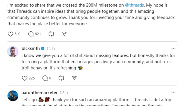 Le message de Mark Zuckerberg sur Threads. 