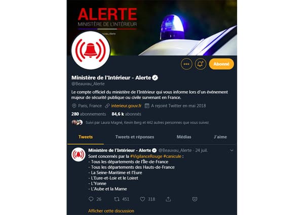 Le compte Twitter Beauvau Alerte, le 26 septembre 2019