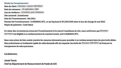 Exemple de mail envoyé par les fraudeurs.