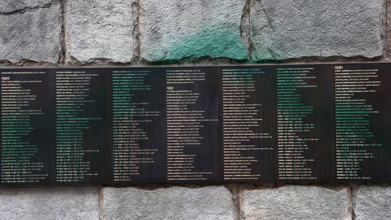 Une photo montre de la peinture verte jetée sur le « Mur des Justes » au Mémorial de la Shoah à Paris le 31 mai 2025.