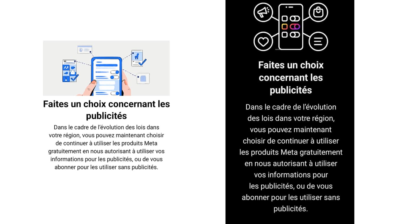 Capture d'écran des messages affichés sur Facebook et Instagram