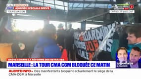 Grève du 15 mars: la tour de la compagnie CMA-CGM bloquée par des manifestants à Marseille