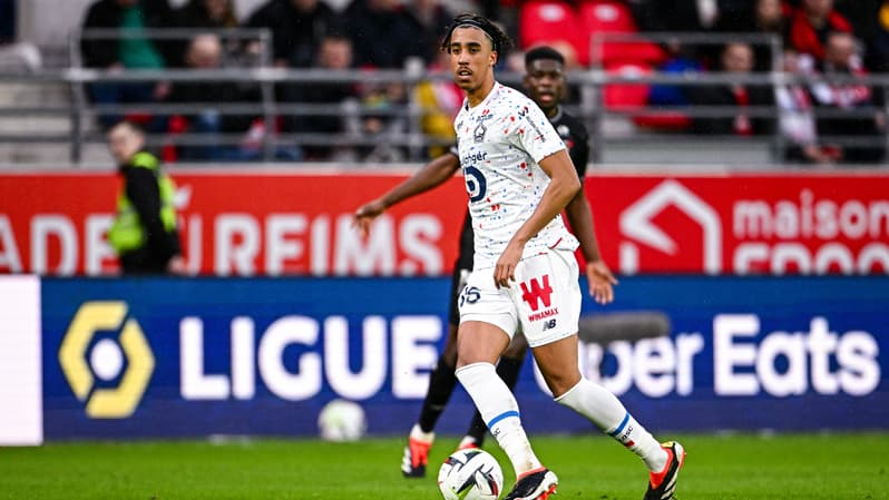 Le défenseur lillois Leny Yoro lors de Reims-Lille, 2 mars 2024