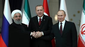 Les présidents turc, russe et iranien lors du sommet pour la Syrie le 4 avril à Ankara. - 