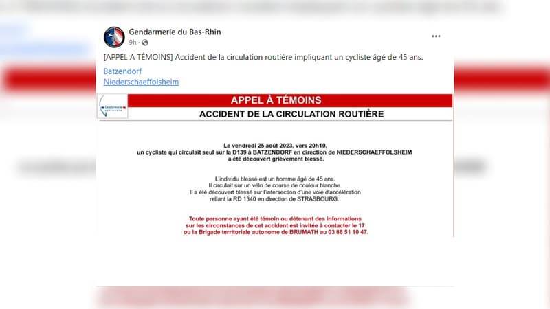 La gendarmerie du Bas-Rhin lance un appel à témoins pour éclaircir les circonstances d'un accident qui s'est produit vendredi soir à Batzendorf. 