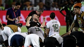 Djamel Belmadi après la qualification de l'Algérie en finale de la Coupe d'Afrique des nations, au Caire le 14 juillet 2019