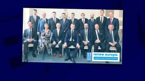 Les figures du groupe politique centriste européen Renew avec Emmanuel Macron au centre. 