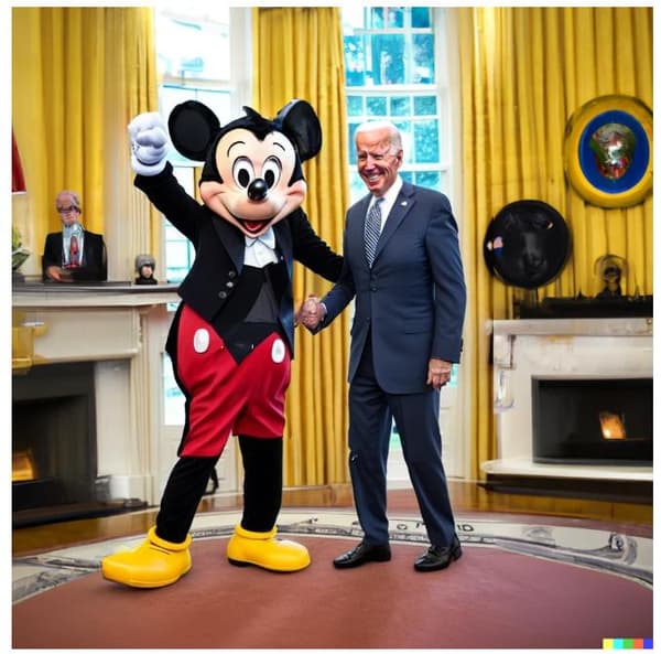 Un exemple d'image générée par Stable Diffusion avec la commande "Joe Biden qui serre la main de Mickey Mouse à la Maison Blanche"