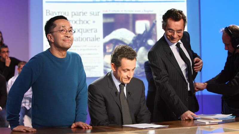 Renaud Le Van Kim, Nicolas Sarkozy et Michel Denisot sur le plateau du "Grand Journal" en 2007