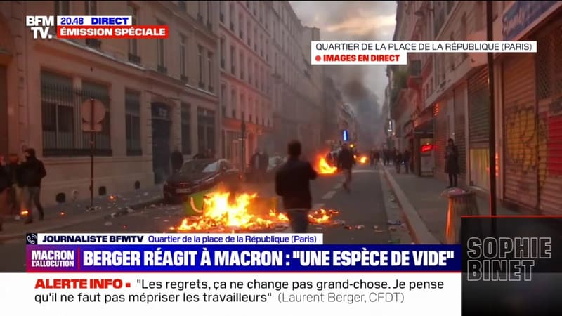 Allocution d'Emmanuel Macron: explosion dans un feu de poubelles aux alentours de la place de la République à Paris