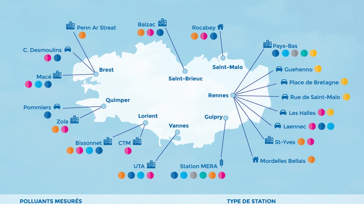 Cartes des stations de mesure des polluants de l'air en Bretagne Cartes des stations de mesure des polluants de l'air en Bretagne