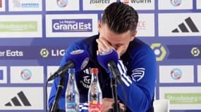 L'émotion de Kevin Gameiro en conférence de presse à Strasbourg, le 10 mai 2024