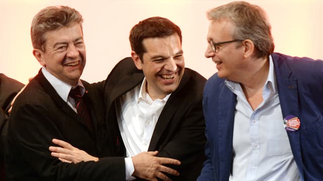 Le leader du parti de gauche Jean-Luc Mélenchon, le leader du parti de gauche radicale grec Syriza Alexis Tsipras et le secrétaire national du PCF Pierre Laurent, le 11 avril 2014.