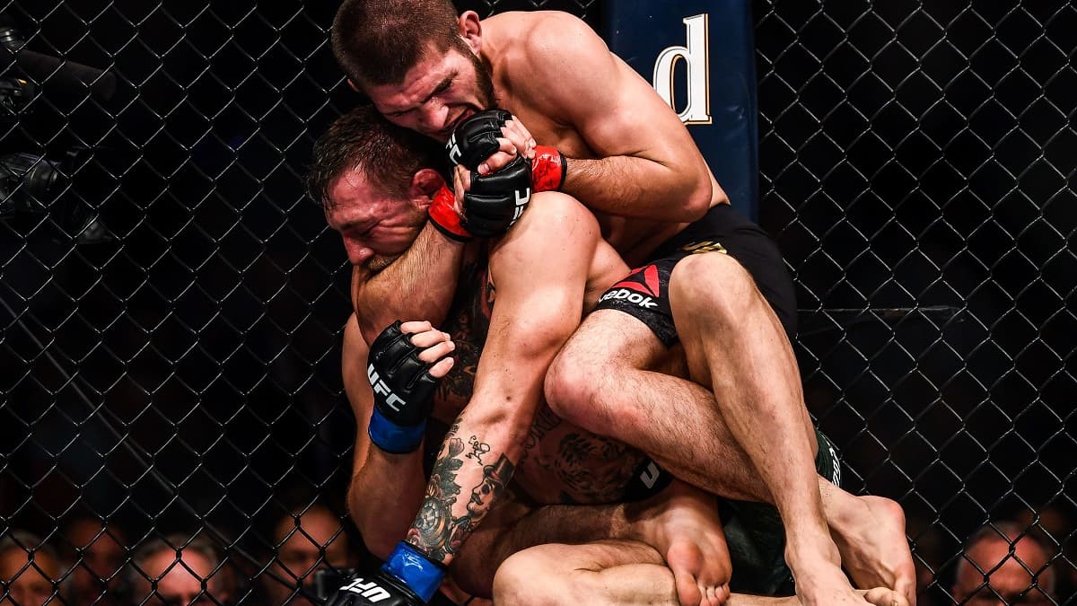 Khabib Nurmagomedov (à droite) lors de son combat contre Conor McGregor Khabib Nurmagomedov (à droite) lors de son combat contre Conor McGregor
