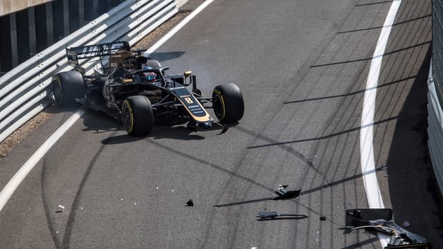 La Haas de Romain Grosjean accidentée à Silverstone, le 12 juillet 2019