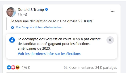 Facebook a appliqué à Donald Trump sa politique de "signalement" sur les proclamations précoces de victoire et messages trompeurs. 