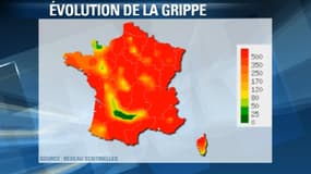 carte de l’évolution de la grippe selon le réseau sentinelles le 14 février 2013.