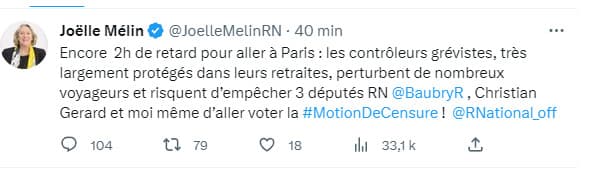 Joëlle Mélin, députée RN des Bouches-du-Rhône, le 20 mars 2023 sur Twitter