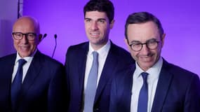 Eric Ciotti, Aurélien Pradié et Bruno Retailleau, candidats à la présidence des Républicains, réunis pour un grand oral au siège du parti, le 26 novembre 2022 à Paris.