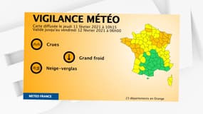 23 départements sont placés en vigilance orange par Météo-France, le 11 février 2021.