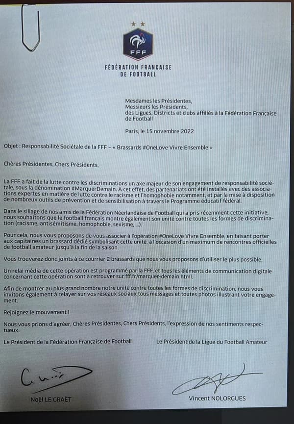 La lettre de Noël Le Graët au foot amateur sur le brassard