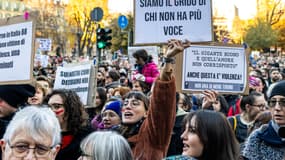 Des personnes défilent à Turin à l'occasion de la Journée internationale pour l'élimination de la violence à l'égard des femmes. 